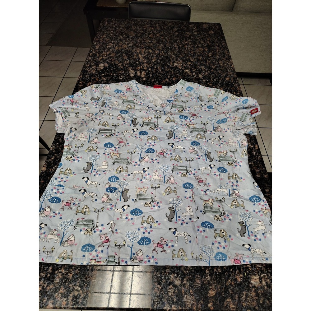 Dickies Womens Light Blue Dog and Cat Park Print V-Neck Scrub Top Pockets